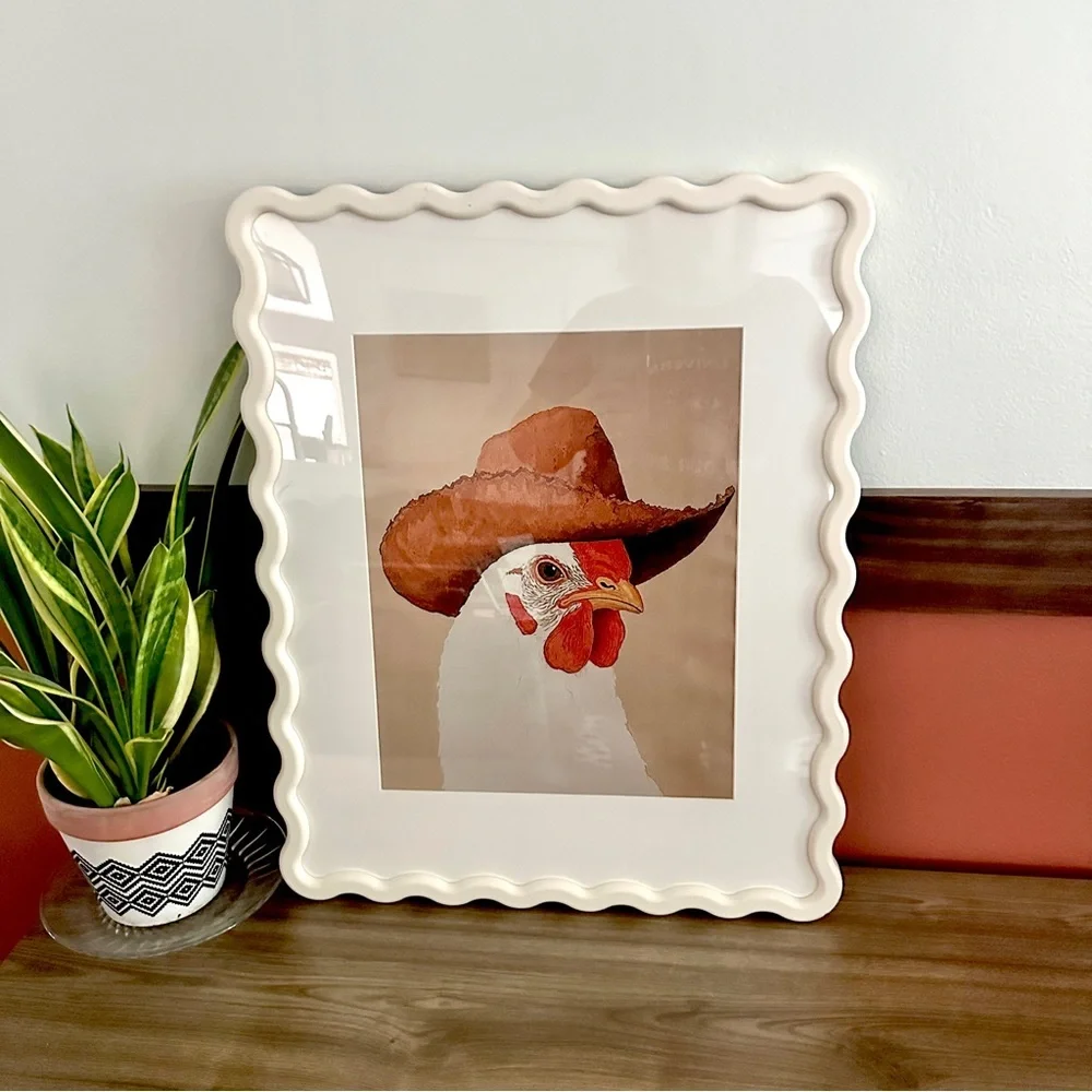 Western Chicken Cowboy Off White Squiggle Framed Wall Art Print Matted 16.5x21”